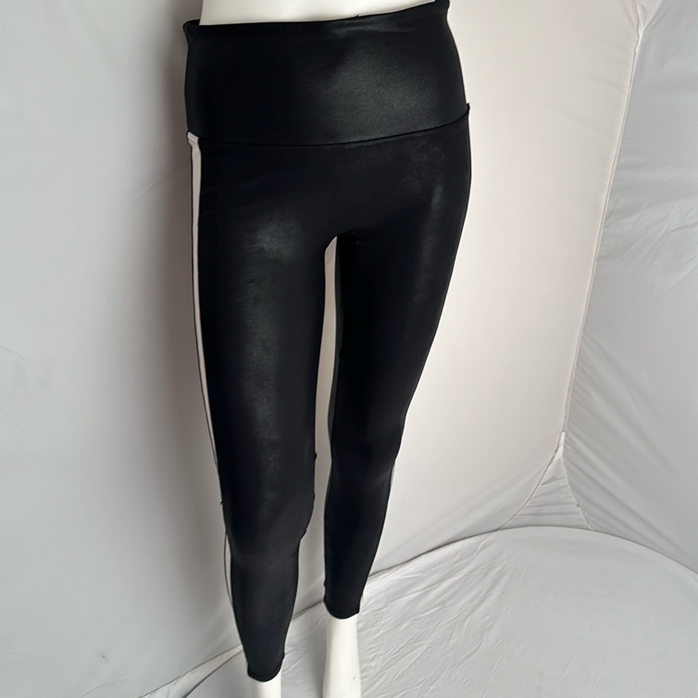 Spanx vegan leather leggings with white stripe down sides